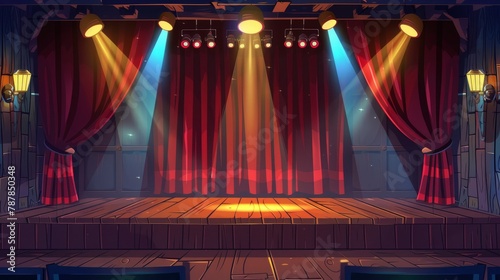 Red curtains, decoration, spotlights at theatre interior with wooden scene. Parallax slidescroll modern illustration of a theater stage game background.