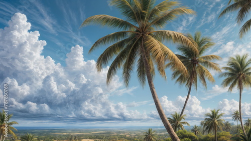 Coconut and Palm Trees  Bright Blue Sky  Low-Angle View with Rich Clouds