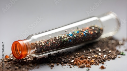 Close-up of a test tube with dirt tainted with multicolored microplastic particles