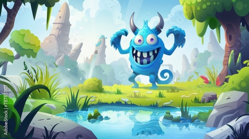 Cartoon monsters landing page, strange funny animal, smiling toothed fantasy character with three eyes and long arms standing at water pond at alien forest landscape, spooky creature, modern web