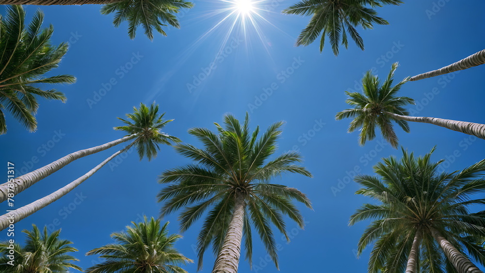 Tropical Beach, Coconut and Palm Trees Swaying, Bright Blue Sky