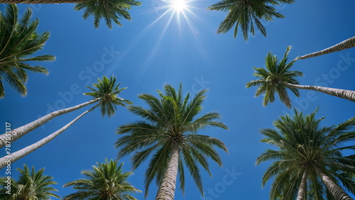 Tropical Beach  Coconut and Palm Trees Swaying  Bright Blue Sky