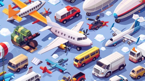 This modern banner features an isometric illustration of propeller planes, mini autos, airships, and vans. photo