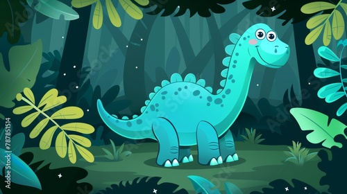Baby dinosaur in prehistoric forest, tropical woods, rainforest landscape with funny dino. Modern cartoon illustration. © Mark