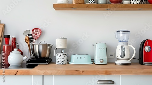 Various type of kitchen appliances on worktop in kitchen