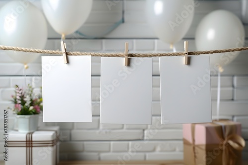 Blank White Cards Hanging on Rope with Clothespins Against Party Decor Background