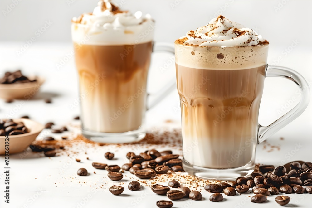 Coffee Latte and Coffee Beans Displayed on a White Backdrop with Subtle Shadows and Highlights Creating Depth and Adding Realism to the Studio Coffee Latte and Coffee Beans Displayed on a White Backdrop with Subtle Shadows and Highlights Creating Depth and Adding Realism to the Studio
