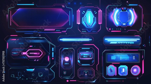 The futuristic frames consist of black metal borders for the avatar in the game interface along with the level or grade. Modern cartoon set of game components in sci fi style.