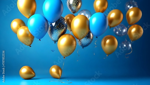 Sparkles Background, Blue Gold Foil Balloons, Celebration Birthday Concept