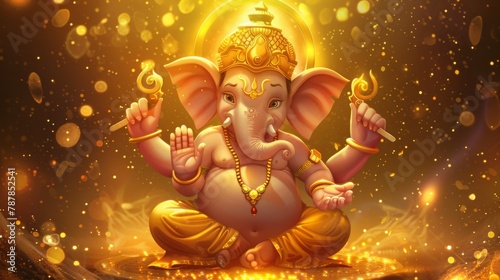 The four-armed Ganesha god sits on a golden glittering background in the middle
