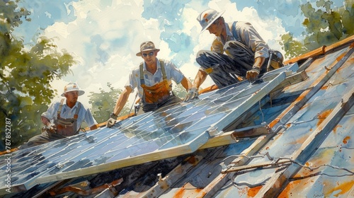 Transport yourself into the realm of watercolor artistry showcasing engineers at work, installing solar panels.