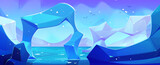 Antarctica landscape with ice floe and mountains, blue sea or ocean water and northern light in sky. Cartoon vector illustration of arctic scenery with iceberg. Polar horizon with snow and glacier.