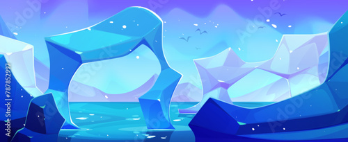 Antarctica landscape with ice floe and mountains, blue sea or ocean water and northern light in sky. Cartoon vector illustration of arctic scenery with iceberg. Polar horizon with snow and glacier.