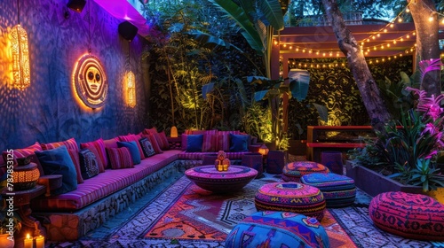 Enchanting backyard evening lounge with exotic decorations and string lights