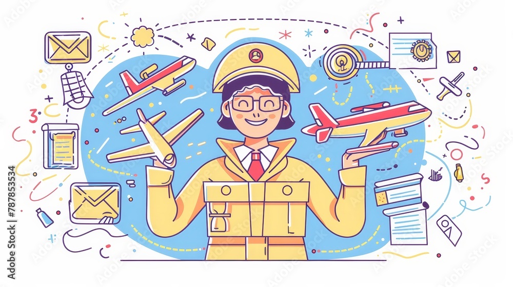 An editorial doodle design for a delivery service. A mailman holds a parcel in his hands, with a shipping icon around him. A line modern banner graphic for an express transportation and logistics