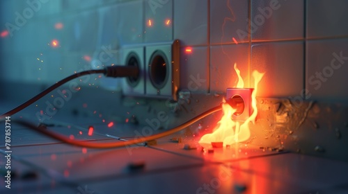 Fire caused by short circuit in a socket with a plug and switch and faulty wiring in the home electrical system. A realistic 3D modern illustration of an electrical short circuit in a socket with a photo