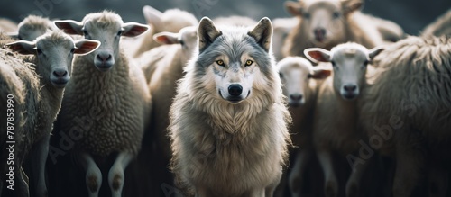 Wolf in a flock of sheep with wool clothing. Wolf pretending to be a sheep concept photo
