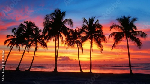Photograph the silhouette of palm trees against the colorful hues of the sunrise sky © Shahla