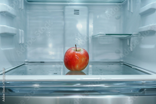 Red apple in open refrigerator