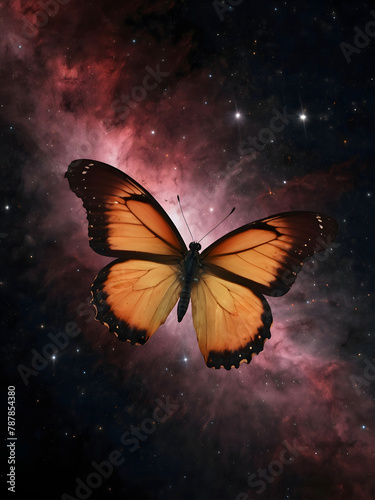 A monarch butterfly flutters among a dazzling display of stars in a vibrant night sky