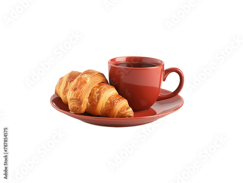 a cup of coffee with croissant on plate isolated on transparent background