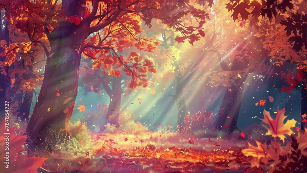 beautiful nature scene with autumn landscape fall scene trees and leaves in sunny day. cartoon anime illustration. seamless looping overlay 4k virtual video animation background