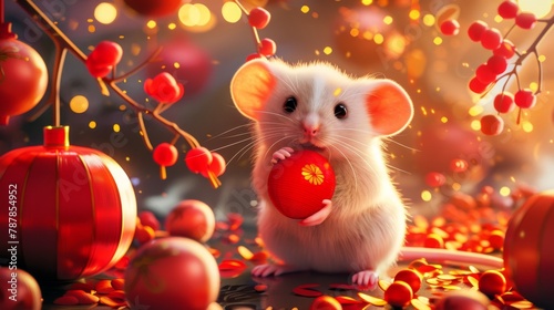 A white mouse writes doufang for the Chinese New Year, translating it as 