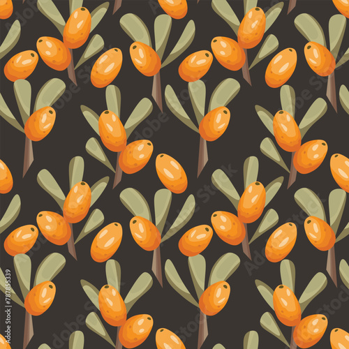 Seamless pattern with sea buckthorn. Natural fresh ripe tasty berries. Vector illustration for background, packaging, textile, fabric and various other designs