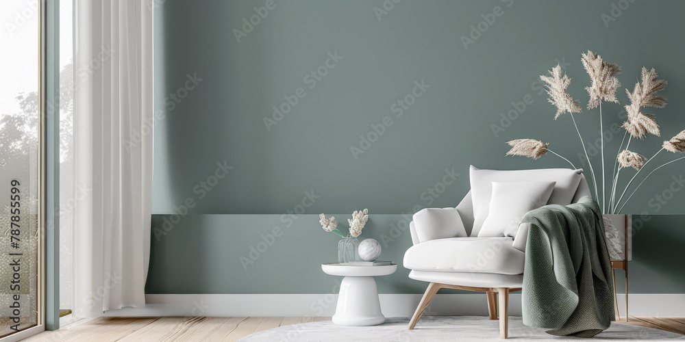 Serene interiors with a minimalist design and natural window light. Interior design composition in light green color Serene interiors with a minimalist design and natural window light. Interior design composition in light green color