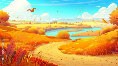In this autumn rural landscape  you can see orange agriculture fields  bushes  flying leaves  and a road. Modern illustration of crop fields  lakes  and cornfields in a country landscape.