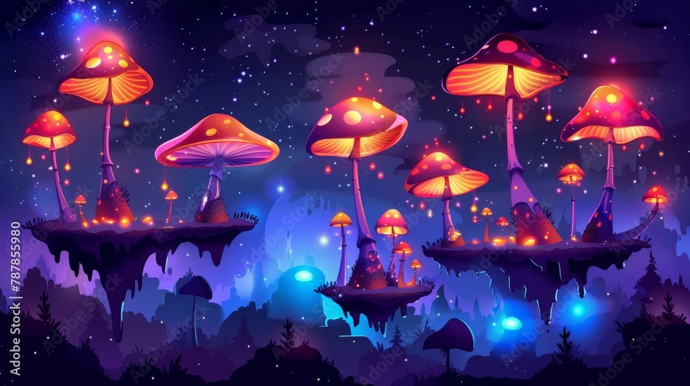 In the background is a cartoon illustration of a fantasy landscape of flying platforms in the sky with shiny fly agaric blooms at night. In the background is a cartoon illustration of a fantasy landscape of flying platforms in the sky with shiny fly agaric blooms at night.