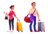 People with suitcase travel by airplane or train. Cartoon vector illustration set of young man and woman carrying luggage. Vacation or business male and female travel passenger with baggage bag.