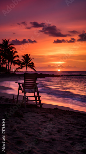 Twilight Tranquility: A Serene Coastal Scene as the Sun Sets over the Palm Trees and Lifeguard Chair © Lelia