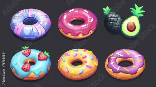 Stylish, colorful swimming rings and mattresses for children and adults made from inflatable rubber pineapples with donuts, ice cream, avocados, pineapple pizza and watermelon. photo