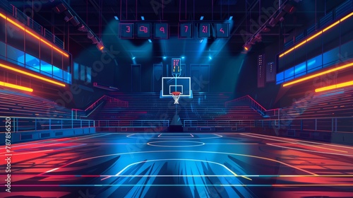 Modern illustration of a basketball court with a scoreboard and empty seating areas illuminating with color lights, along with a scoreboard with match results on it.