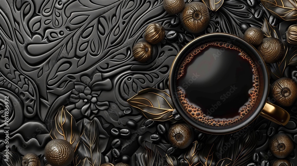 A black coffee advert in engraving style with a coffee fruit background, illustrated in 3D A black coffee advert in engraving style with a coffee fruit background, illustrated in 3D