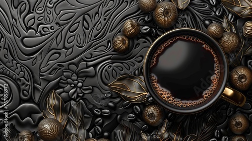 A black coffee advert in engraving style with a coffee fruit background, illustrated in 3D