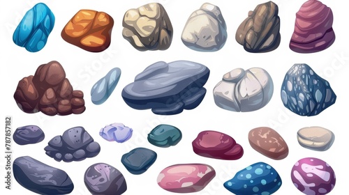 Stones and pebbles from a river. Smooth beach boulders from a sea or ocean coast of varying color, texture, and shape isolated on a white background, realistic modern illustration.