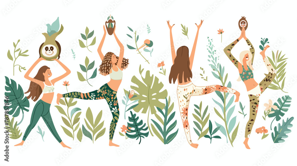 Different ladies and sloth doing yoga. Four poses.