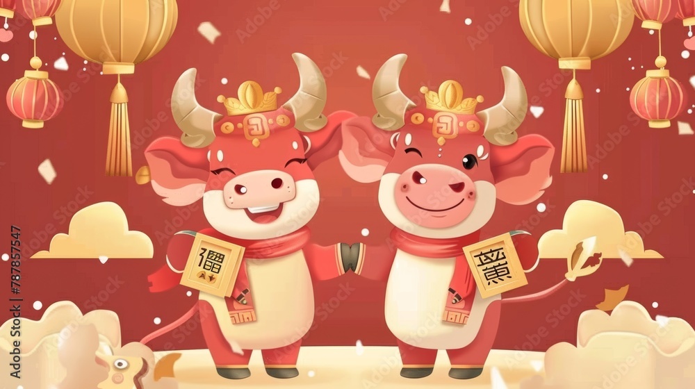 Naklejka premium The Chinese zodiac sign ox is symbolized by cute cows holding square couplets during a party. Translation: Happy lunar new year!