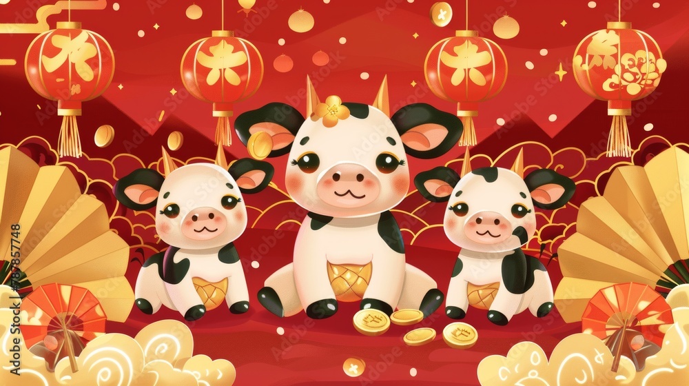 Fototapeta premium Hand drawn background of Chinese New Year 2021 concept of year of the ox with three cute cows and gold coins. Translation: Ring in the lunar new year with these cute cows and coins.