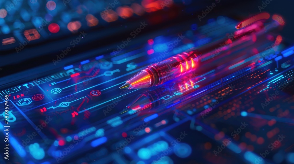Obraz premium A cyberpunk-themed pen with neon lights, syncing data to a holographic notebook in a dark, urban tech lab