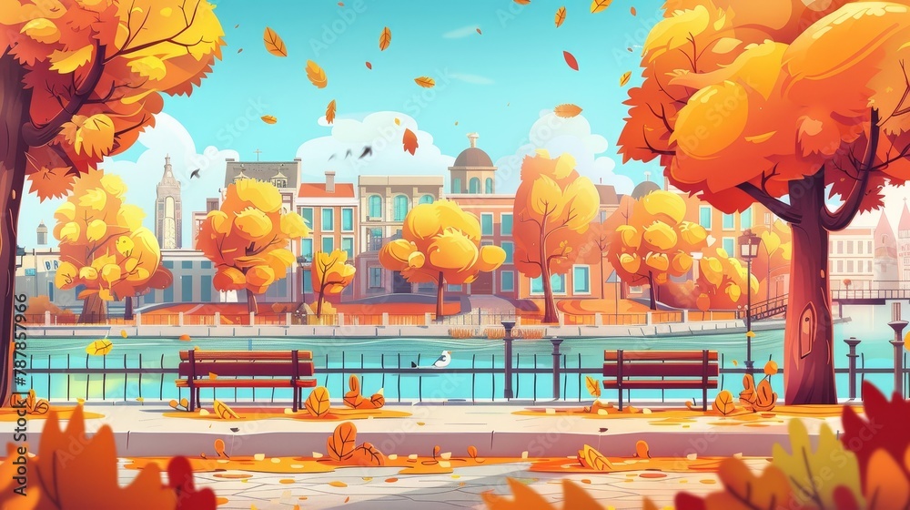 In this cartoon modern illustration of an empty public garden, orange leaves are flying in the air and yellow foliage adorns the trees. The city streets of autumn are dotted with yellow leaves on