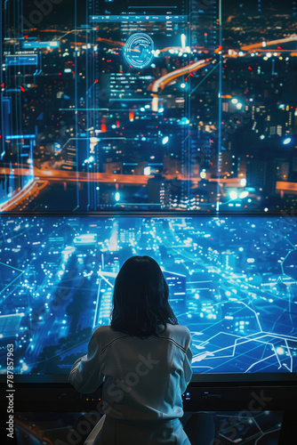 A futuristic city planner analyzing a blue hologram of an expanding urban landscape, highlighting transport routes in a high-tech control room