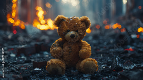 children's teddy bear toy over a burned city, destruction of the consequences of a military conflict.generative ai