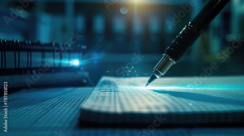 A photon pen that writes with light beams on a photon-sensitive notebook, used in advanced optical research facilities