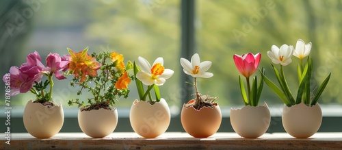 Flowers that bloom in eggshell containers during the spring season.