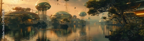 A serene riverside in a solarpunk city, with floating bio-domes and algae bioreactors glowing in the twilight