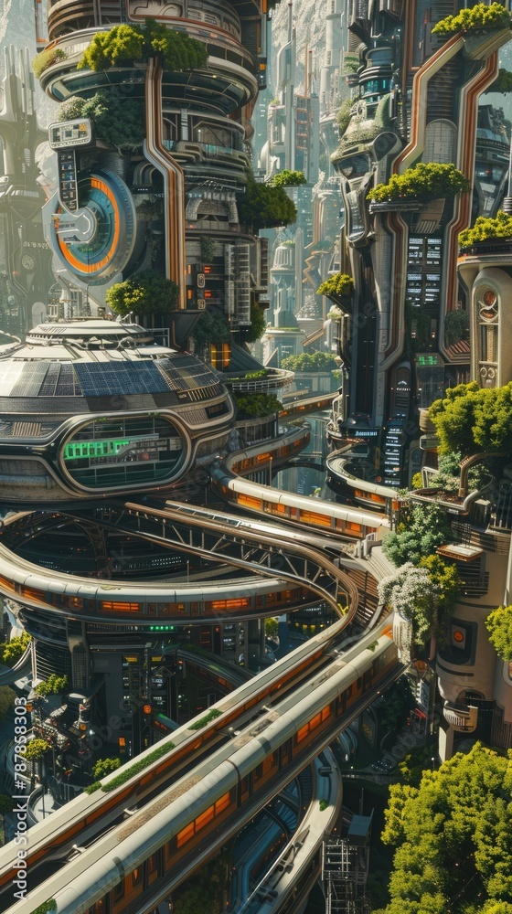 An aerial scene of a futuristic solarpunk city with solar panels and green roofs, intertwined with high-speed monorail systems