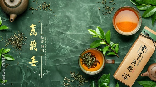 Tea banner advertisement in Chinese. Top view of teacups on tea plantations with teapots and packages. Chinese translation: Tea made from aromatic leaves and sweet tastes. photo